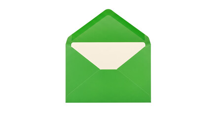 Open bright green envelope with cream colored insert, isolated on a white or transparent background, cutout, PNG