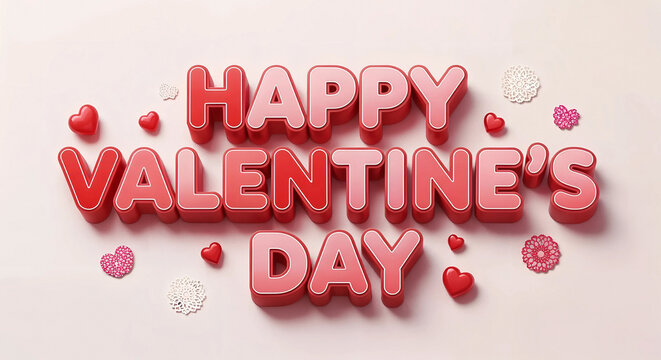 Happy valentines day 3d text with hearts and confetti, isolated on white background