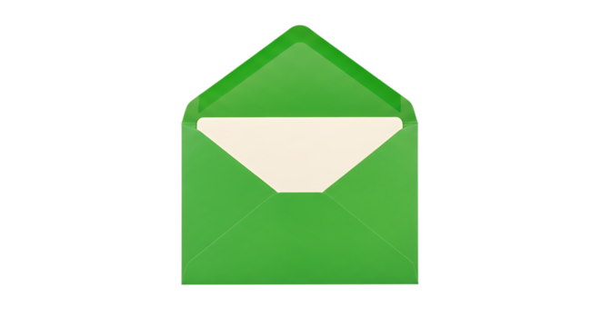 Open bright green envelope with cream colored insert, isolated on a white or transparent background, cutout, PNG