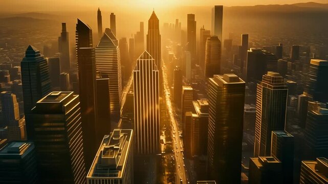 Golden Hour Cityscape A Breathtaking View of Skyscrapers at Sunrise/Sunset