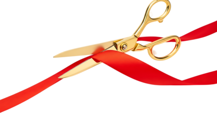 Golden Scissors Cutting a Red Ribbon, isolated on a white or transparent background, cutout, PNG
