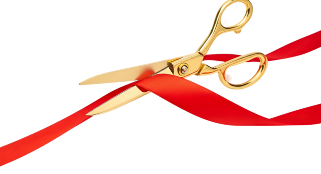 Golden Scissors Cutting a Red Ribbon, isolated on a white or transparent background, cutout, PNG