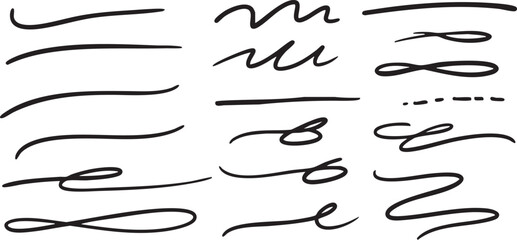 Set of hand-drawn underlines collection, black wavy lines, swooshes, and accent design elements isolated on a transparent background