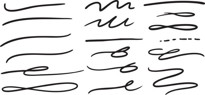 Set of hand-drawn underlines collection, black wavy lines, swooshes, and accent design elements isolated on a transparent background