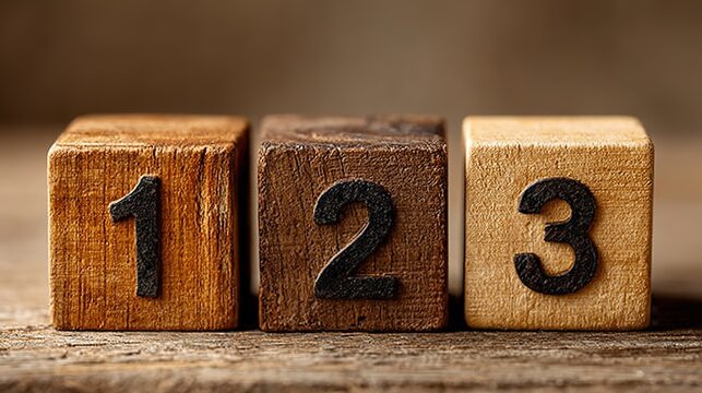 Vintage Number 123 Wooden Blocks, Showing Historical Ranking and Hierarchy Strategy Concepts

