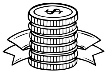 Black and white cartoon illustration of a stack of money coins with a dollar sign and ribbon banner