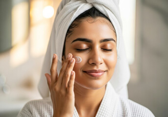 Beautiful Asian Indian Woman Applying Moisturizer After Shower. Evening Skincare