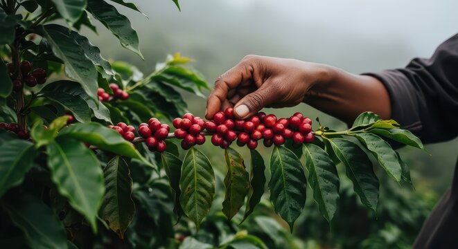 African male hand picking ripe coffee cherries on misty farm