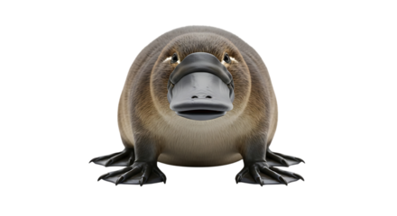 Close up front view of a fluffy brown platypus with a wide bill and webbed feet, isolated on a white or transparent background, cutout, PNG