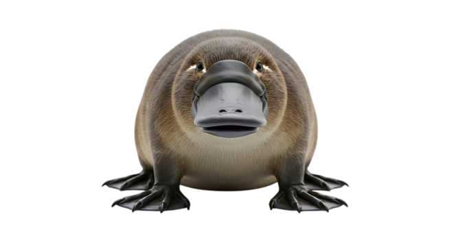 Close up front view of a fluffy brown platypus with a wide bill and webbed feet, isolated on a white or transparent background, cutout, PNG