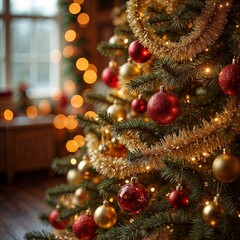 Festive tree close-up in classic style in gold and red representing holiday décor