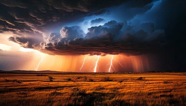 Thunderstorm over open plains, lightning bolts, dark clouds 