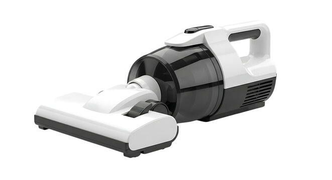 White and gray handheld vacuum cleaner with transparent dustbin, isolated on a white or transparent background, cutout, PNG