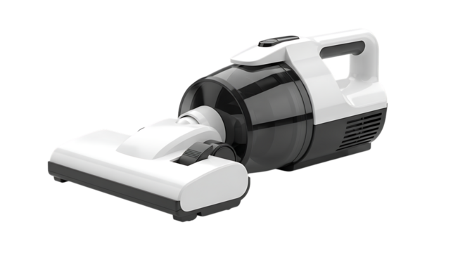 White and gray handheld vacuum cleaner with transparent dustbin, isolated on a white or transparent background, cutout, PNG