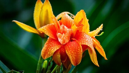 Obraz premium Tropical flowers with dew drops, macro detail, bright colors 