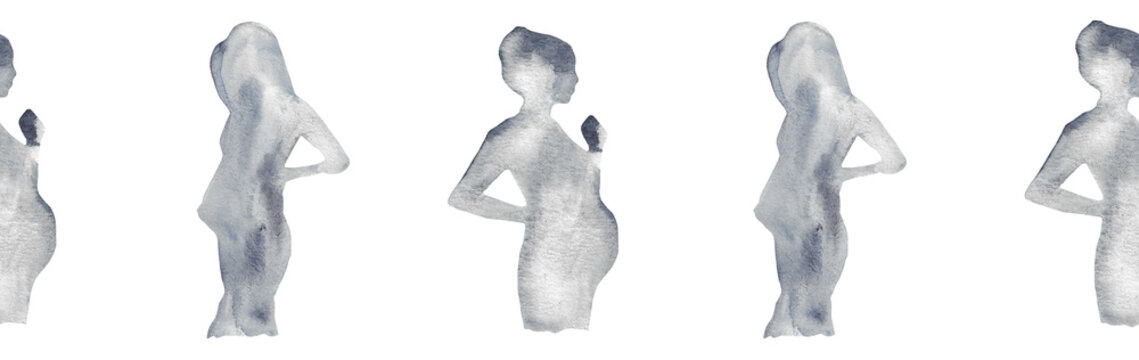 Watercolor pregnant girl silhouette blue pattern.Hand painted silhouette motherhood element border on white background.
