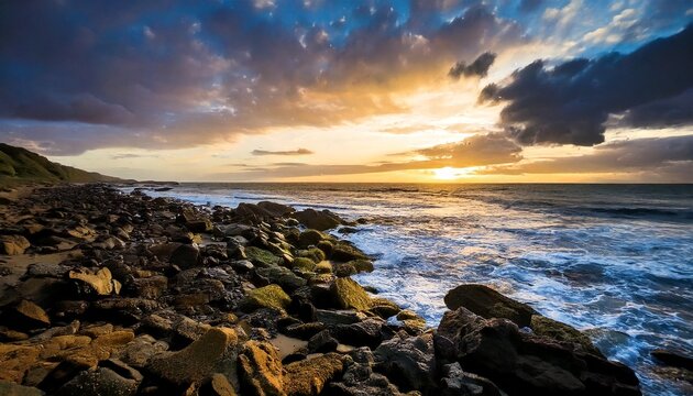 Rocky coastline with crashing waves, dramatic lighting, moody clouds 