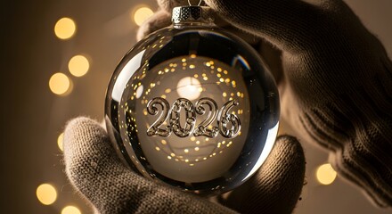 Close up of hands wearing knitted gloves holding a clear glass ornament with the year 2026 embossed inside, set against a bokeh background of warm lights
