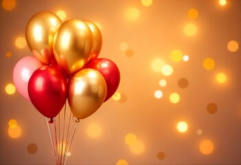 Obraz premium Celebratory Metallic Gold, Crimson, and Pink Balloons with Silver Ribbons and Soft Bokeh Background