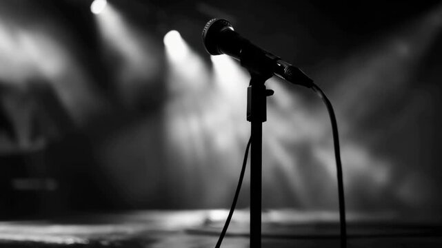 Silhouette Microphone on Stand on Empty Stage with Dramatic Spotlight Beams and Fog Lighting Up the Dark Background