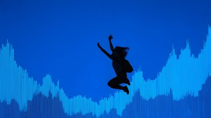 Silhouette of person mid-air against dynamic financial data visualization background