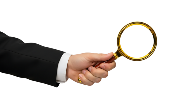 Hand in black suit holding a golden magnifying glass with white lens, isolated on a white or transparent background, cutout, PNG