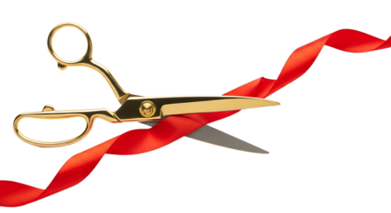 Golden Scissors Cutting a Vibrant Red Ribbon, isolated on a white or transparent background, cutout, PNG