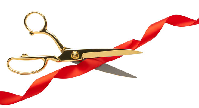 Golden Scissors Cutting a Vibrant Red Ribbon, isolated on a white or transparent background, cutout, PNG