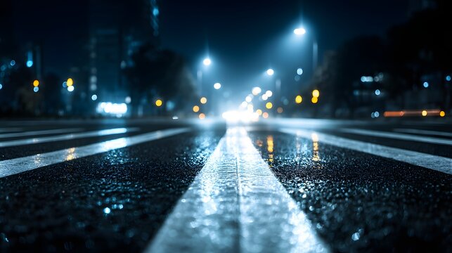 Wet asphalt road markings glow under city streetlights after dark