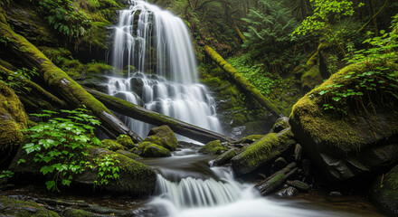 Obraz premium A majestic waterfall cascades down mosscovered rocks and fallen logs in a lush, green, temperate rainforest, creating a vibrant and dynamic natural scene