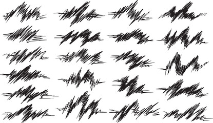 Set of abstract black scribbles and chaotic brush strokes, isolated on a transparent background, for edgy graphic designs