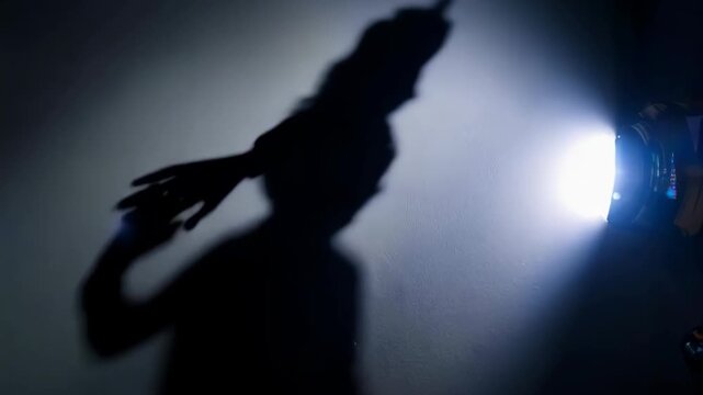 Shadow Figure Illuminated by Spotlight in Dark Room Expressing Fear and Uncertainty