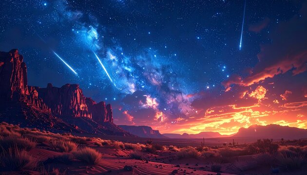 Desert landscape and starry night sky.