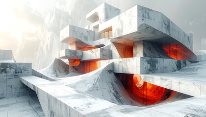 Abstract architectural construction, featuring concrete and glowing orange elements, amidst a snowy, mountainous landscape