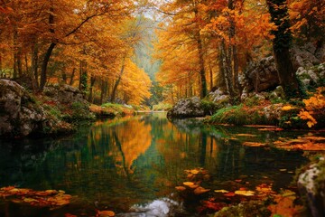 Obraz premium Stunning autumn landscape featuring vibrant foliage reflected in a tranquil river surrounded by rocky formations in a serene forest setting