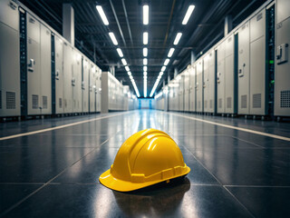 sturdy yellow safety hard hat placed centrally on a dark, clean industrial floor or walkway.