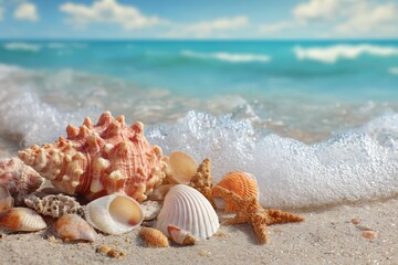 Summer beach landscape featuring realistic starfish and seashells along the shoreline under a clear blue sky with gentle waves