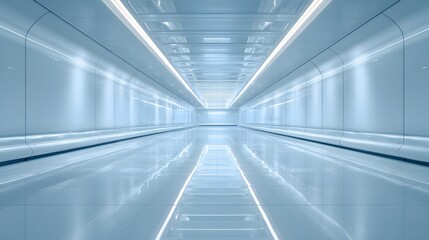 Obraz premium Illuminated futuristic corridor interior presents smooth, curved walls and a highly reflective floor
