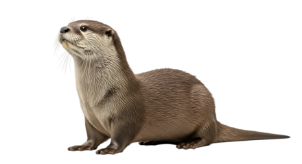 A single otter with wet fur looking upwards with its body facing right, isolated on a white or transparent background, cutout, PNG