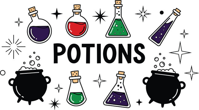 Whimsical Halloween Potions Brewing in Cauldrons with Magical Stars and Bubbles Illustration for Spooky Season Events, Fantasy Clipart, Witchcraft, Occult Arts, Gothic Design, Halloween Party