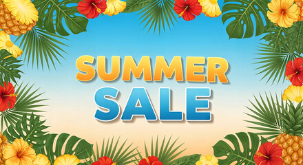 Summer sale announcement with tropical foliage, pineapples, and hibiscus flowers against a blue sky background