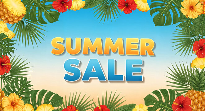 Summer sale announcement with tropical foliage, pineapples, and hibiscus flowers against a blue sky background