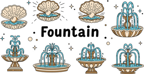 Elegant Fountain and Seashell Collection: Ornamental Stone Structures with Cascading Water, Ocean Pearls, Decorative Elements for Landscaping and Architectural Design, Modern Aesthetic Illustrations