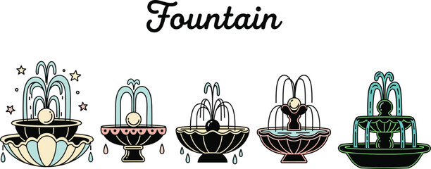 Collection of Artistic Fountain Illustrations with Water Features in Various Styles for Parks and Gardens Presentation Designs, Architecture, Decorative Art, Historical Monuments, and Landscape