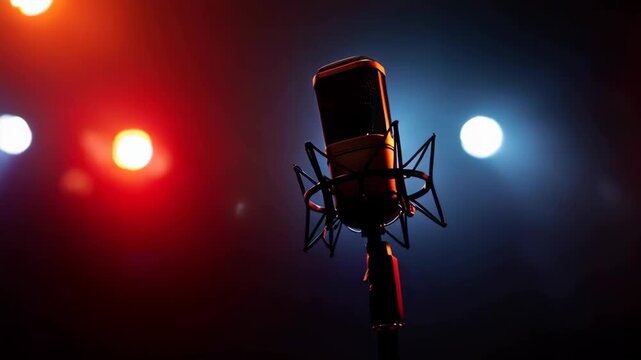 Vintage microphone on stand in dramatic lighting with red and blue spotlights creating atmosphere for performance or recording session