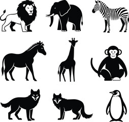 Animal silhouette vector set, lion, elephant, zebra, horse, giraffe, monkey, wolf, penguin, black and white, cad drawing flat vector illustration