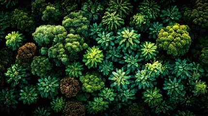 of dense rainforest canopy displaying layered shades of green with scattered brown trunks