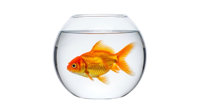 Bright orange goldfish swimming in a clear glass bowl filled with water, isolated on a white or transparent background, cutout, PNG - Powered by Adobe