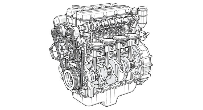 Detailed technical line drawing of a fourcylinder internal combustion engine cutaway showing internal components.