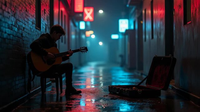 Man playing acoustic guitar sitting on a chair in dark wet alley with open guitar case under neon lights at night with reflections on the ground. concept of music entertainment street culture